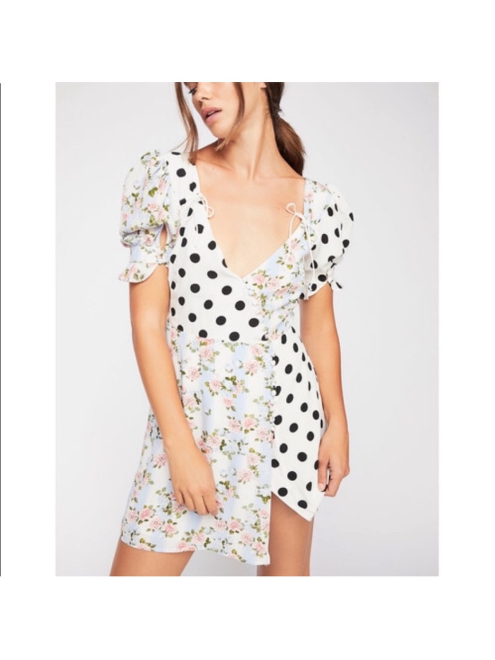 Floral and Polka Dot V-Neck Mini Dress in White and Light Blue